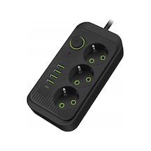 Akım Korumalı Grup Priz, 3 Lü 1.5 Metre Kablolu, 4 Usb Li + Type-c, 3000w, 16 Amper, Kablo Üstünde Termal Koruma Sigortalı, Elektronik Ürünlerde Tam Koruma, Çocuk Korumalı, Topraklı Sıyah 1