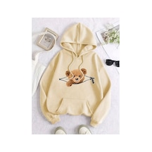 Medinenur Fermuar Desenli Kedili Kapüşonlu Oversize Sweatshirt Bej