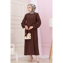 Sevitli Beli Kuşaklı Luna Tesettür Elbise-kahverengi-4887 Kahverengi