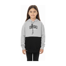 Kapşonlu Oxford Baskılı Kanguru Cepli Kız Çocuk Sweatshirt-90862 Gri