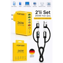 Fürtger German Frt-25w S 260w 3 Type-c + 3 Usb-a Toplam 6 Çıkışlı Süper Hızlı Şarj Aleti + 4 Başlıklı Şarj Kablosu