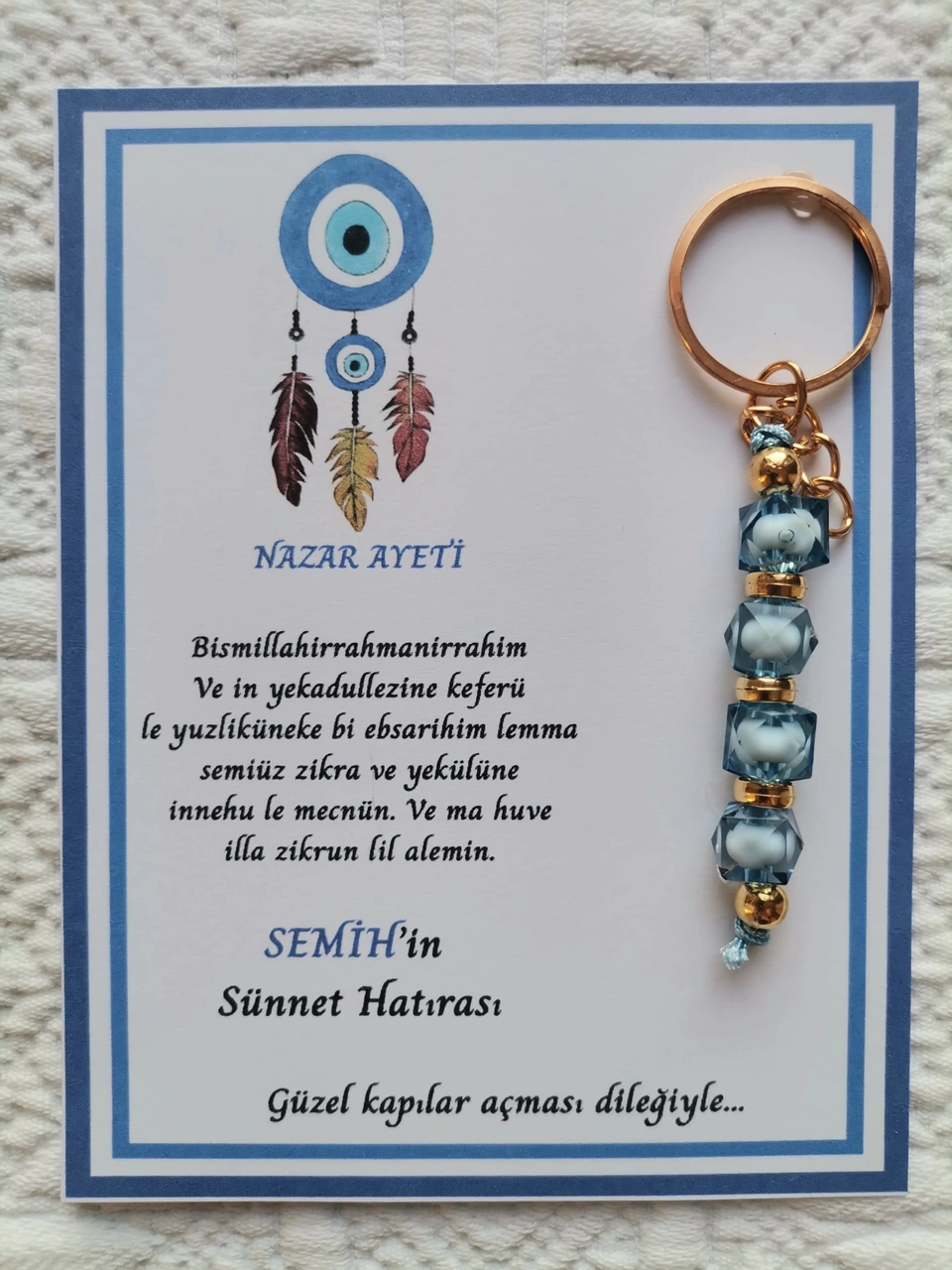 100 Adet Kişiye Özel Nazar Ayeti Sünnet Hatırası Dağıtmalık Hediyelik Mavi Renk Anahtarlık