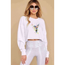 Watercolor Huingbird Baskılı Crop Kadın Beyaz Sweatshirt