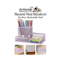 Masaüstü Metal Kalemlik Seti 3 Lü Kombo 1 Paket Fileli Perfore Pastel Renkli Kalemlik Kağıtlık Küpnotluk Düzenleyici Lila
