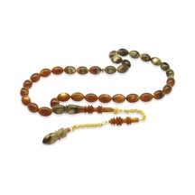 Gold Renk 925 Ayar Gümüş Püsküllü İmamesı Usta İşçilikli Arpa Kesim Sedefli Süzme Kahverengi-beyaz-siyah Katalin Tesbih