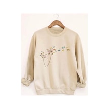 Herkesemoda Çiçek Baskılıı Bisiklet Yaka İçi Polarlı Sweatshirt Bej