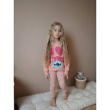 Cg Kids Stitch Temalı Kalp Baskılı Tayt Kız Çocuk Alt Üst Sweatshirt 2 İplik Alt Üst Eşofman Takım Yavruağzı