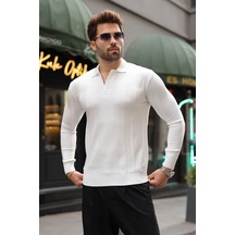 Madmext Beyaz Polo Yaka Slim Fit Erkek Triko Kazak E7527