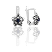 Gümüş Markazit ve Safir Taşlı Lotus Modeli Küpe