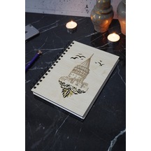 Galata Kulesi Desen Ahşap Defter-spiralli - Günlük - Çizgisiz Defter Ahşap Rengi Banu A5 Notebook