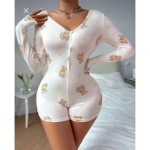 Ang Butik Kadın Pamuklu Beyaz Ayıcık Desenli Düğmeli Uzun Kol Tulum Pijama