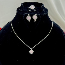 Yonca Pembe Taşlı Kadın 3'lü Seti 925 Ayar Gümüş Radyumlu 8 Mm Gümüş
