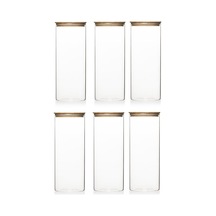 3-3 Bambu Vakumlu Kapaklı Yuvarlak Cam 6lı Kavanoz Seti Saklama Kabı 1650ml 10x25cm Diğer