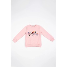 Kız Çocuk Pembe Uzun Kollu Kuş Nakış Detaylı Kışlık Sweatshirt Pembe