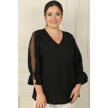 By Saygı V Yaka Yarı Organze Krep B.b. Bluz Siyah