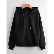 Altamira Unisex Siyah Yuvarlak Sırt Baskılı Ince Mevsimlik Kapşonlu Oversize Hırka 001