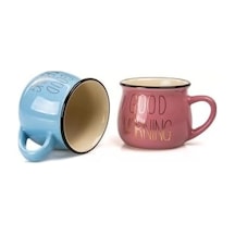 2&apos Li Emaye Görünümlü Porselen Kupa Seti Good Morning Gold Yazılı 150 Ml,pembe & Mavi Açık Ahşap