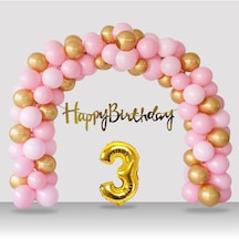 3 Yaş Retro Gold Pembe Balon Happy Birthday Banner Gold Rakam Doğum Günü Süsleme Çok Renkli