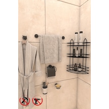 Alper Banyo Yapışkanlı Siyah 3 Katlı Banyo Rafı EK03 Lotus Açık Kağıtlık Uzun Havluluk V Bornoz Askılık Sabunluk Diş Fırçalık Siyah