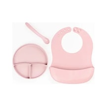 Pembe 3 Lü Silikon Yemek Seti Önlük + Diş Kaşıyıcılı Kaşık + Vakumlu Tabak Renkli