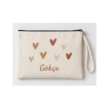 Kişiye Özel Renkli Kalpler Baskılı Fermuarlı Makyaj Çantası Bozuk Para Cüzdanı Clutch