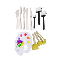 Artlantis Palet Rulo Fırça Ponpon Fırça Ve Plastik Spatula 4'lü Set 1 Paket Resim Hobi Sanat Etkinlik Resim Paleti