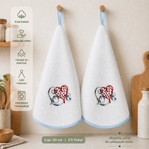 Pamuk Yuvarlak Mutfak Havlusu 50 Cm 2 Li Set Yüksek Emicilik, Askı Halkalı, Nakışlı Tasarım, Makinede Yıkanabilir Kurulama Bezi Beyaz