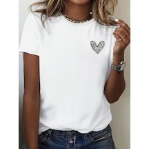 Kadın Kalp Baskılı T-shirt Kısa Kol Bisiklet Yaka Oversize Rahat Kalıp Günlük Tişört - Beyaz