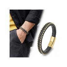 Premium Siyah Deri Ve Sarı Damla Çelik Zincirli Bileklik 31834b1d2-4 - 20 Cm Altın - Siyah