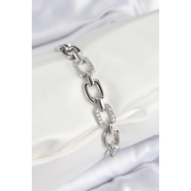 Pirinç Zirkon Taşlı Parçalı Zincir Model Gümüş Renk Kadın Bileklik Gümüş