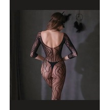 Intive Lingerie Kadın Çizgi Desen Fileli Ağı Açık Sırt Dekolteli Vücut Çorabı - 5 Siyah