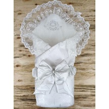 Yenidoğan Pırıltı Taç Nakışlı İnci Delüks Kundak Bebek Battaniyesi Ekru Ekru