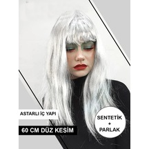 Platin - 894 - Gri Gümüş Renk Uzun Parti Peruğu Uzun - Edntrend - Takma Peruk
