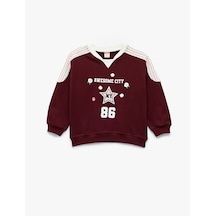Koton Şardonlu Pamuklu Uzun Kollu Renk Kontrastlı V Yaka Baskılı Sweatshirt Bordo 6wmg10084ak Bordo
