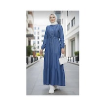 Hb Harma Time Butik Kadın Fırfır Detaylı Düğmeli Koyu Kot Mavi Elbise Koyu Mavi Koyu Mavi
