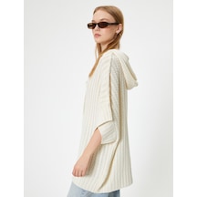 Koton Oversize Triko Panço Kapüşonlu Örgü Dokulu Kısa Kollu Ekru 5wal90033ht Ekru