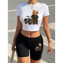 Tarzsokak Seksi Sürüş Motosikleti Havalı Ayı Baskılı Babby Teelar Şortlar Kadın İki Parçalı Set Tişörtle Beyaz