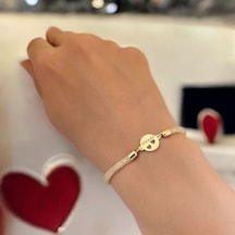 Hande Yazılı Hasır Kordonlu Kalp Detaylı Oval Motifli 14 Ayar Altın Plakalı Hediye Bileklik-508isim Hande