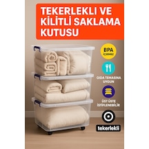 3'lü Set 80 Lt Tekerlekli Kilitli Şeffaf Saklama Kutusu Büyük Boy Plastik Düzenleyeci Saklama Kabı Beyaz