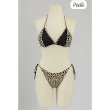 Genel Markalar Kadın Siyah Ve Leopar Detaylı Yandan Bağlamalı Bikini Takımı Leopar Leopar