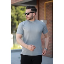 Erkek Bisiklet Yaka Örgü Desenli Kısa Örme Triko Kısa Kollu T-shirt Gri