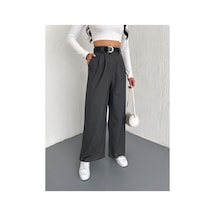 Winmoda34 Kadın Kemer Detaylı Bol Paça Geniş Kesim Baggy Kumaş Pantolon Çift Köprülü Lima Kumaş Füme1