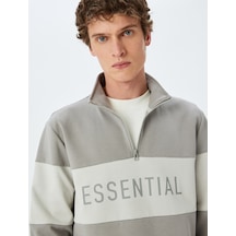 Koton Renk Bloklu Yarım Fermuarlı Pamuklu Slogan Baskılı Sweatshirt Gri 5sam70009mk Gri
