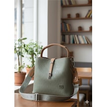 Just Polo Kadın Orta Boy 3 Bölmeli Ayarlanabilir Askılı Şık El & Omuz Çantası Shoulder Bag Ebat : 22 X 20 Cm Yeşil - Camel