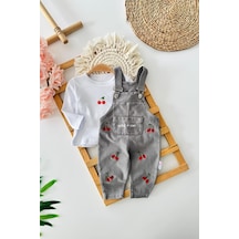 Miniğimin Cicileri Kiraz İşleme Detaylı Kız Bebe 2 Li Salopet... Gri