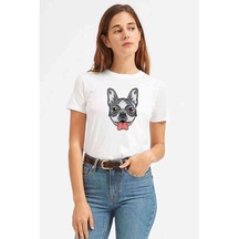 Dog Head Köpek Baskılı Beyaz Kadın Tshirt (534309039)