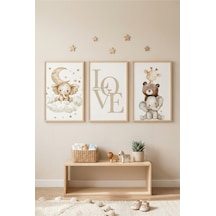 Doğal Ahşap Çerçeveli Love Yazılı Bebek Odası Hayvan Figürlü Duvar Tablosu 3 Lü Set Ahşap
