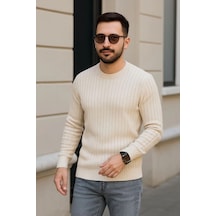 Efnaz Style Erkek Bisiklet Yuvarlak Yaka Triko Kazak Pamuklu Kalın Fitilli Dokuma, Regular Fit Uzun Kollu Kışlık Model - Bej
