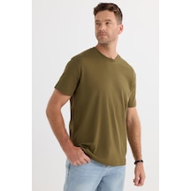 Tudors Unisex Relax Fit Rahat Kesim %100 Pamuk Yumuşak Dokulu Hafif Kalın Haki Bisiklet Yaka Tişört-34941 Haki