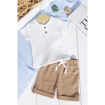 Pamuklu Müslin Düğmeli Alt Üst Şortlu Yazlık Erkek Bebek Takımı Bej